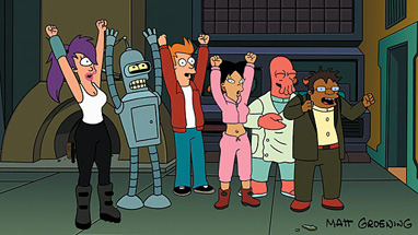 The Futurama gang celebrates their big release day.
